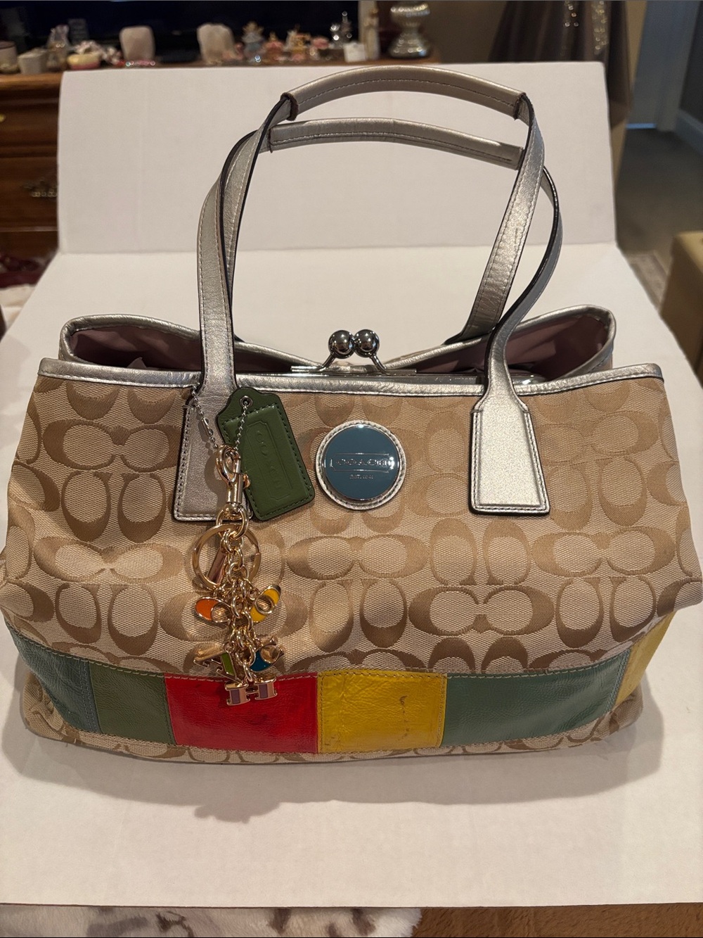 Vintage Coach Signature Tote with Red Yellow Green Patchwork and Silver Trim